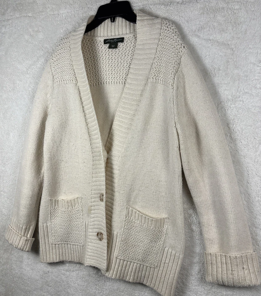 Eddie Bauer Button Up Cardigan W/Pockets Cream Color Large - Image 1 of 4