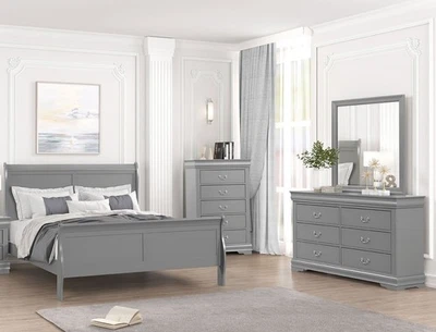 Louis Philippe Transitional Queen Size 3pc Bed Set Gray Finish Bedroom Furniture - Image 1 of 4