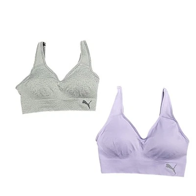 Conjunto de 2 sutiãs esportivos Puma sem fio uso ativo tamanho pequeno cinza roxo - Imagem 1 de 4
