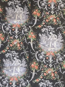 Toile Cotton Fabric Roses Young Couple On Black French Country 2 Yards - Picture 1 of 4