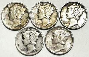 Lot 5 10 Cent Merkur 90% Silber Groschen Münzen: 1941P, 1942P, 1943P, 1944P, 1945P - Bild 1 von 12