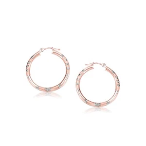 Pendientes de aro de lujo de oro rosa de 14k con corte de diamante (3x25 mm) - Imagen 1 de 1