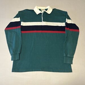 Vintage 90s LL Bean Striped Cotton Rugby Polo Shirt Green Made in USA Sz Large