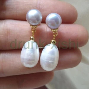GENUINE AAA South Sea GRAY Baroque Pearl Earrings STUD 14K GOLD P - Picture 1 of 4