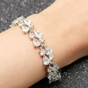 Pear and Round Diamonds 2 C.T.W 14K White Gold Finish Tennis Bracelet Special  - Picture 1 of 4