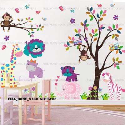 Giant Jungle Tree Animal Wall Stickers Pink Elephant Zebra Decal Nursery Decor - Image 1 of 4