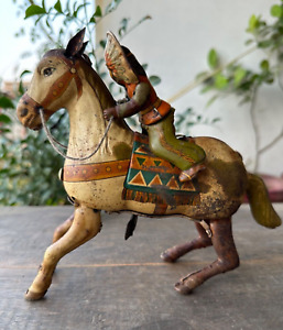 Vintage Old Rare Wind Up Red Indian Ride On Horse Litho Tin Toy Made In Japan