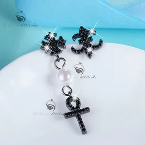 Black rhodium crystal pearl stud flower cross unbalanced ear jacket earrings - Picture 1 of 2