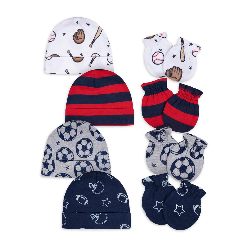 Gerber Baby Boys 8 Piece All Star Mittens & Caps Set Size Newborn NEW Sports - Image 1 of 4