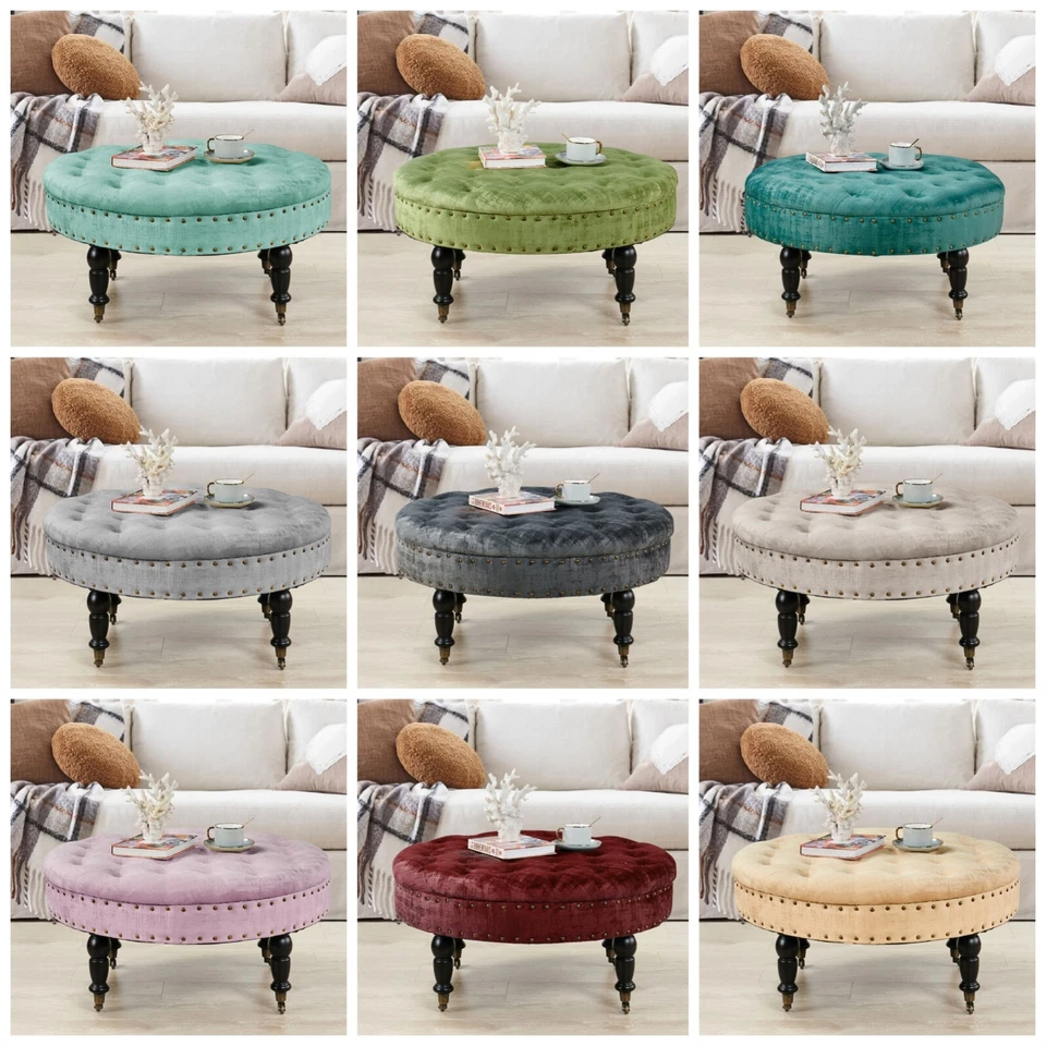 Large Upholstered Tufted Button Velvet Round Ottoman Coffee Table Caster Wheels - Image 1 of 4