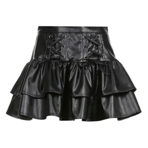 Women Shiny Layered Faux Leather Skirt Punk Pu Pleated Lace Up Gothic Club Wear - Picture 1 of 14
