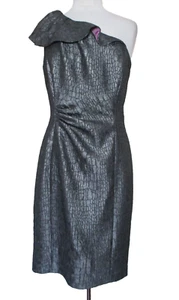 Vestido Kay Unger M Mujer Brillante Gunmetal Jacquard Un Hombro Volantes Borde - Imagen 1 de 7
