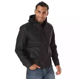 MENS SIZE LARGE Moto Jacket Faux Leather 5-Pocket Full Zip Coat BLACK Hooded - Picture 1 of 6