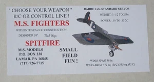 Spitfire Control Line (C/L)- (R/C) Fighter Model Airplane Kit by M.S. Models NIB - Picture 1 of 3