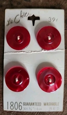 Vintage Le Chic  4 Round Red Buttons on Card - Image 1 of 4