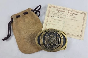Vintage 1977 Solid Brass Wisconsin Seal Flag Forward Belt Buckle in Pouch - Picture 1 of 6