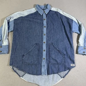 Free People Moto Colourblock Boyfriend Shirt Oversized Small Denim Pockets - Picture 1 of 8
