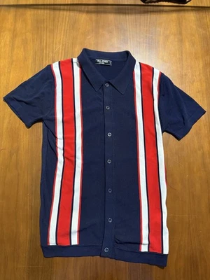 Paul Jones Mens Button Down Short Sleeve Shirt Blue Red Retro Stripes Size Small - Image 1 of 4