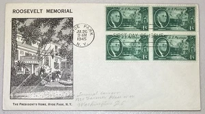 FDC 1945 Roosevelt Memorial Block Of 4 1c The Presidents Home Hyde Park NY - Picture 1 of 4