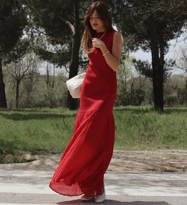 NWT_ZARA WOMAN SS25 LONG COMBINATION KNIT DRESS Mid-red | 4192/034_S-L - Image 1 of 4