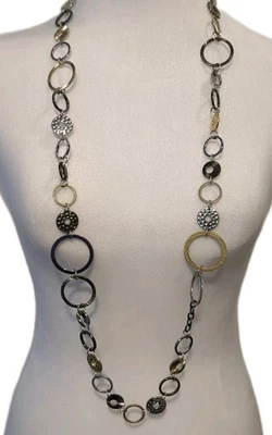 Lia Sophia “IMPROV” Textured Multi-Tone Metal Hoops Necklace Long 40"  - Image 1 of 4