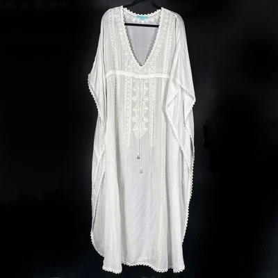 Melissa Odabash Kaftan Maxi Dress Coverup 白色 V 领孔眼亮片 均码 — 第 1/4 张图片