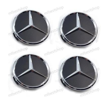4.x.Black.Wheel`Centre.Caps.75mm.Badges.Hub.Emblem.Fit.For.Mercedes-Benz.C.E.S - Image 1 of 4