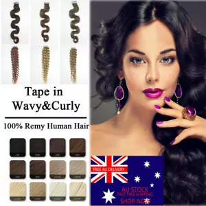 Curly & Wavy Tape In 100% Remy Human Hair Extensions 18'' 6A Thick Skin Weft AUS - Picture 1 of 128