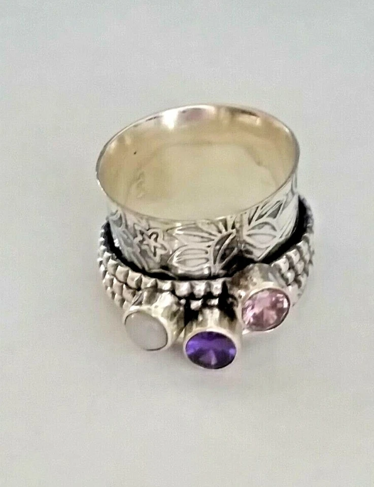 ANILLO DE PIEDRAS PRECIOSAS GIRATORIAS BANDA ANCHA HECHA A MANO PLATEADO 925 MO330 TALLA 7.5 Foto 1 de 1