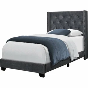 Bed Twin Size Platform Teen Frame Upholstered Velvet Grey Chrome - Picture 1 of 4