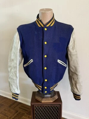 1950-е Винтажный 2 тона BUTWIN D карман кожи синий шерсти куртка M 38 Varsity Letterman - Изображение 1 из 4