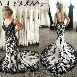 Gothic Black and White Wedding Dresses Mermaid Luxury Vintage Sleeveless - Picture 1 of 9