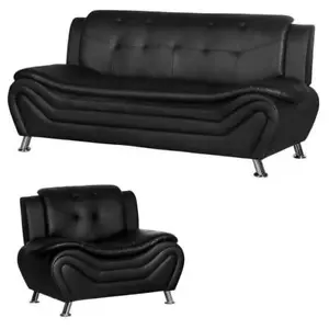 2 Piece Living Room Set with Sofa and Armchair in Black - Picture 1 of 5