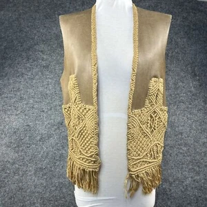 Vintage Weste Damen Leder Makramee mittel hellbraun braun Western Boho Hippie selten - Bild 1 von 12