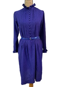 Vintage 70's Ciao LTD Blue Silk Dress Pintuck Bodice, Ruffle High Neck Size 8 - Picture 1 of 7