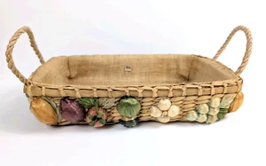 Fruit & Veggie Serving Wicker Tray Basket Burlap Lined Rope Handles Vintage - Picture 1 of 8