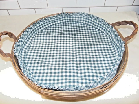 Workshop 1997 Round Basket Lattice w/leather handles 15”, Plastic/Fabric Liners Cover