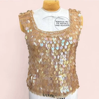 Camiseta sin mangas vintage tejida con lentejuelas | Lentejuelas holográficas grandes | Sirena, hada | Años 90, Y2K Foto 1 de 4