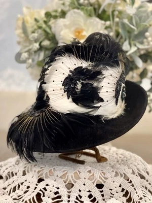 Vtg 1950’s Originals By Mr Joseph Feathered Black Velvet Fedora W / Stand - Image 1 of 4