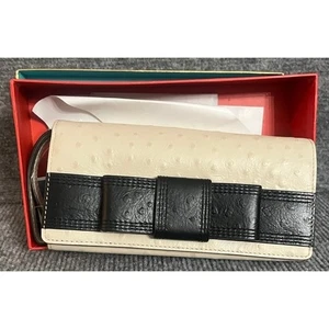 Bolso sin asas con moño de cuero en relieve Kate Spade New York beige negro nuevo sin caja - Imagen 1 de 9