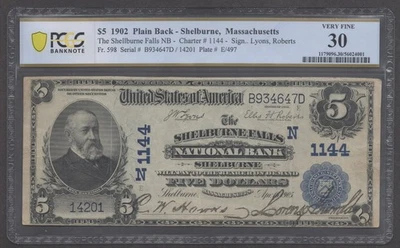 Fr. 598 1902 $5 Plain Back Shelburne, Massachusetts NB PCGS 30 Very Fine  - P20 - Image 1 of 4