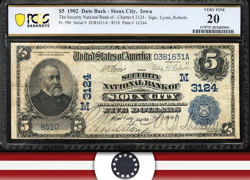 1902 $5 SIOUX CITY, IA DATE BACK NATIONAL BANK NOTE PCGS 20 8510 - Image 1 of 3