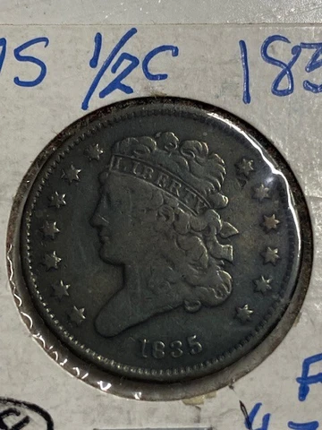 1835 Half Cent, Free Shipping, Nice early type coin Cover