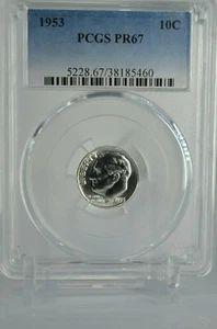 1953 SILVER ROOSEVELT DIME PCGS GRADED PR67 PROOF VERY RARE COIN UNCIRCULATED - Picture 1 of 9