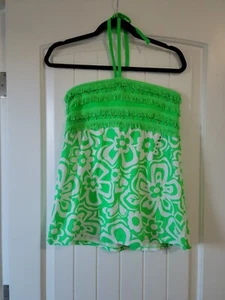Girl's Justice Halter Top Size 18 Green & White Adjustable Neck Strap Fringe - Picture 1 of 6