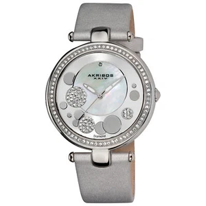 New Women's Akribos XXIV AK434SL MOP Diamond Dial Silver Leather Strap Watch - Picture 1 of 5