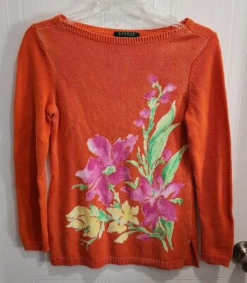 Suéter tejido floral naranja manga larga Lauren Ralph Lauren para mujer talla mediana Foto 1 de 4