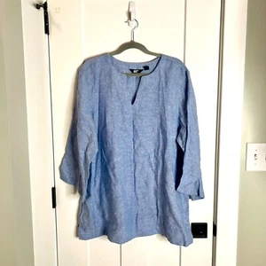 Lands' End Blue 100% Linen Top Nautical Beachy Lagenlook 3/4 Sleeves Pockets 1X - Picture 1 of 5