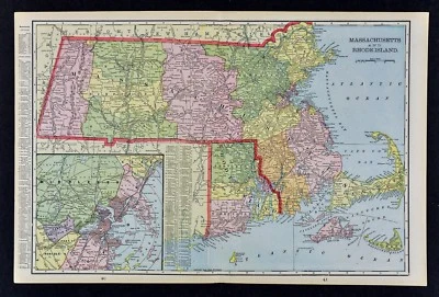 c 1899 Cram Map Massachusetts & Rhode Island Boston Plan Providence Cape Cod MA - Image 1 of 3