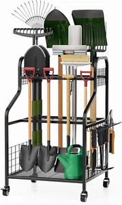 Heavy Duty Garden Tool Organizer with Wheels for Garage Storage, Black - Picture 1 of 7